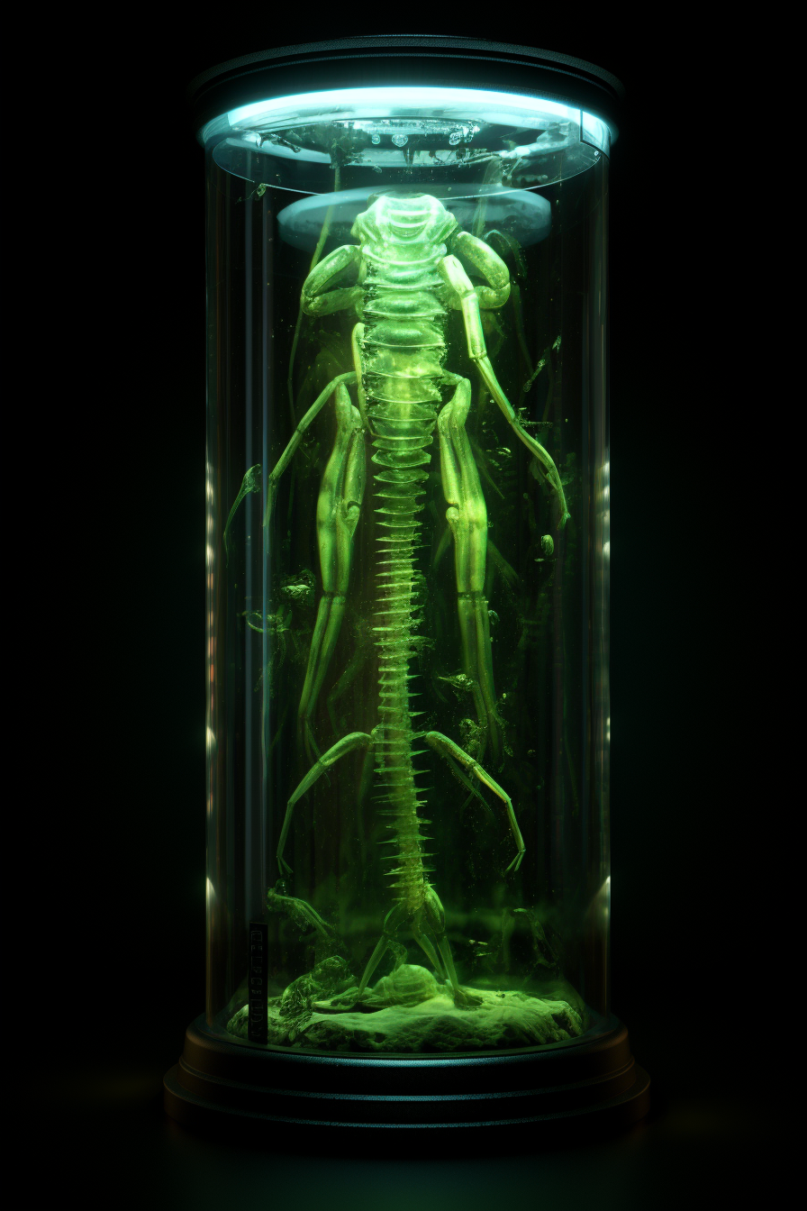 Alien creature in glass container illuminated by ambient light