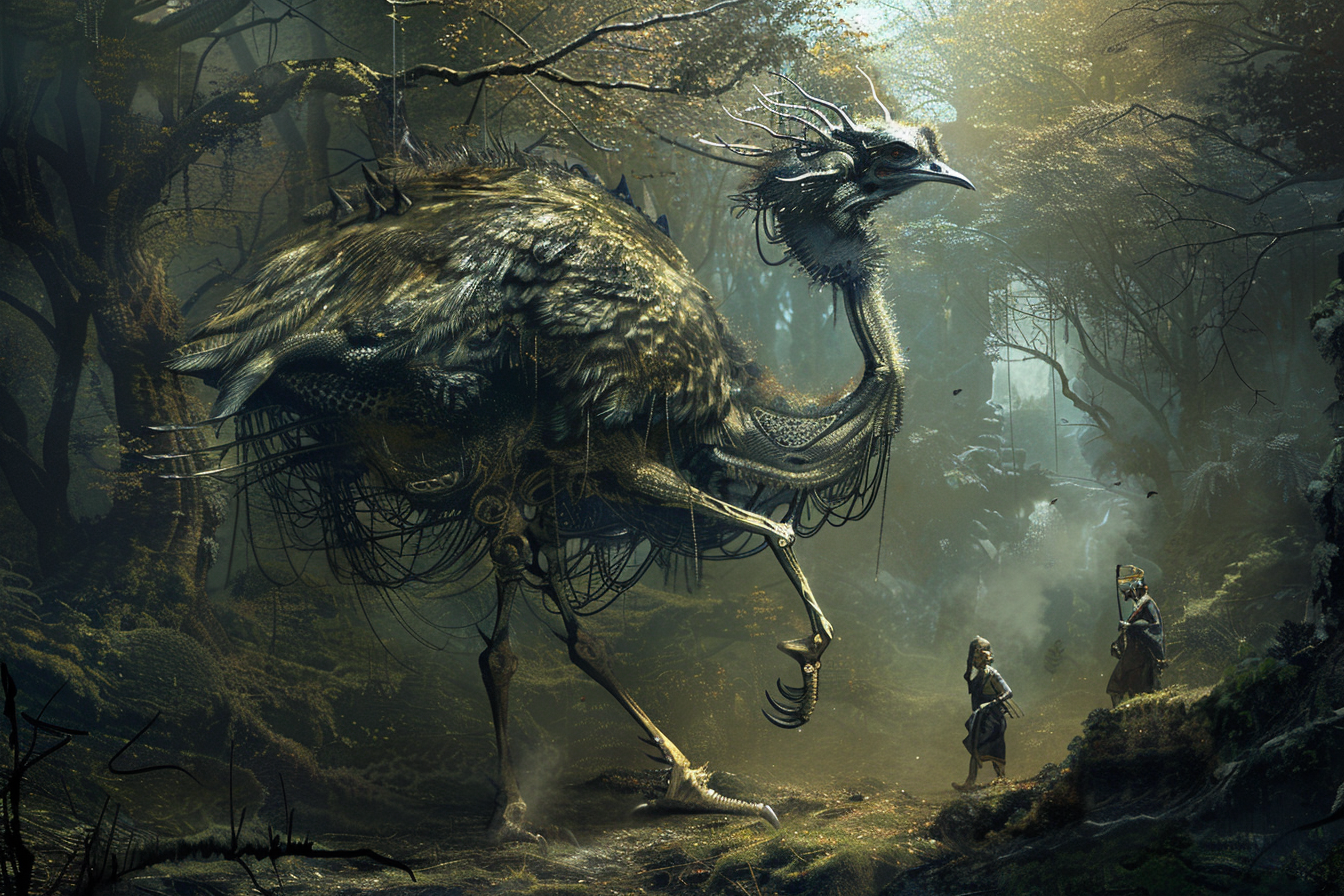 Alien creature riding ostrich