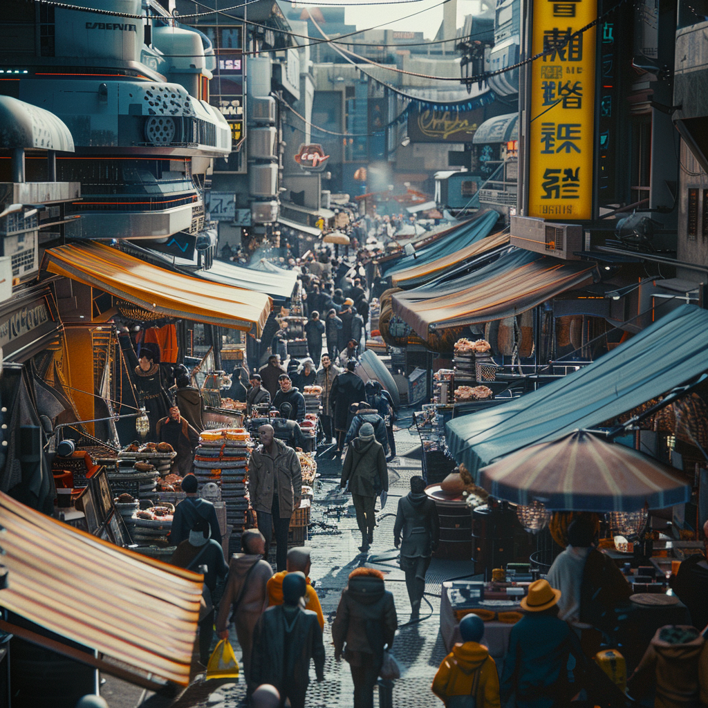 Crowded Street on Alien Cyberpunk Planet