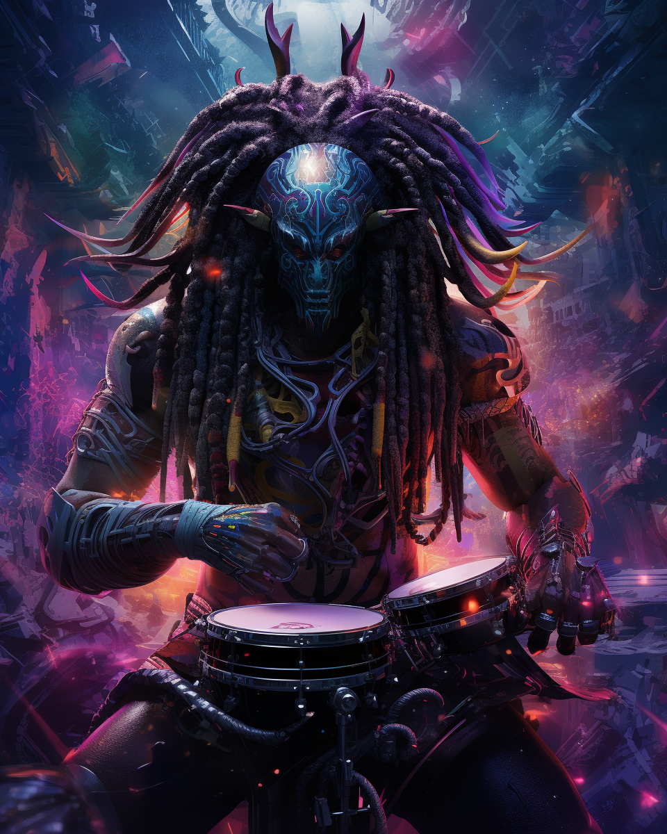 Muscular alien cyborg playing drums