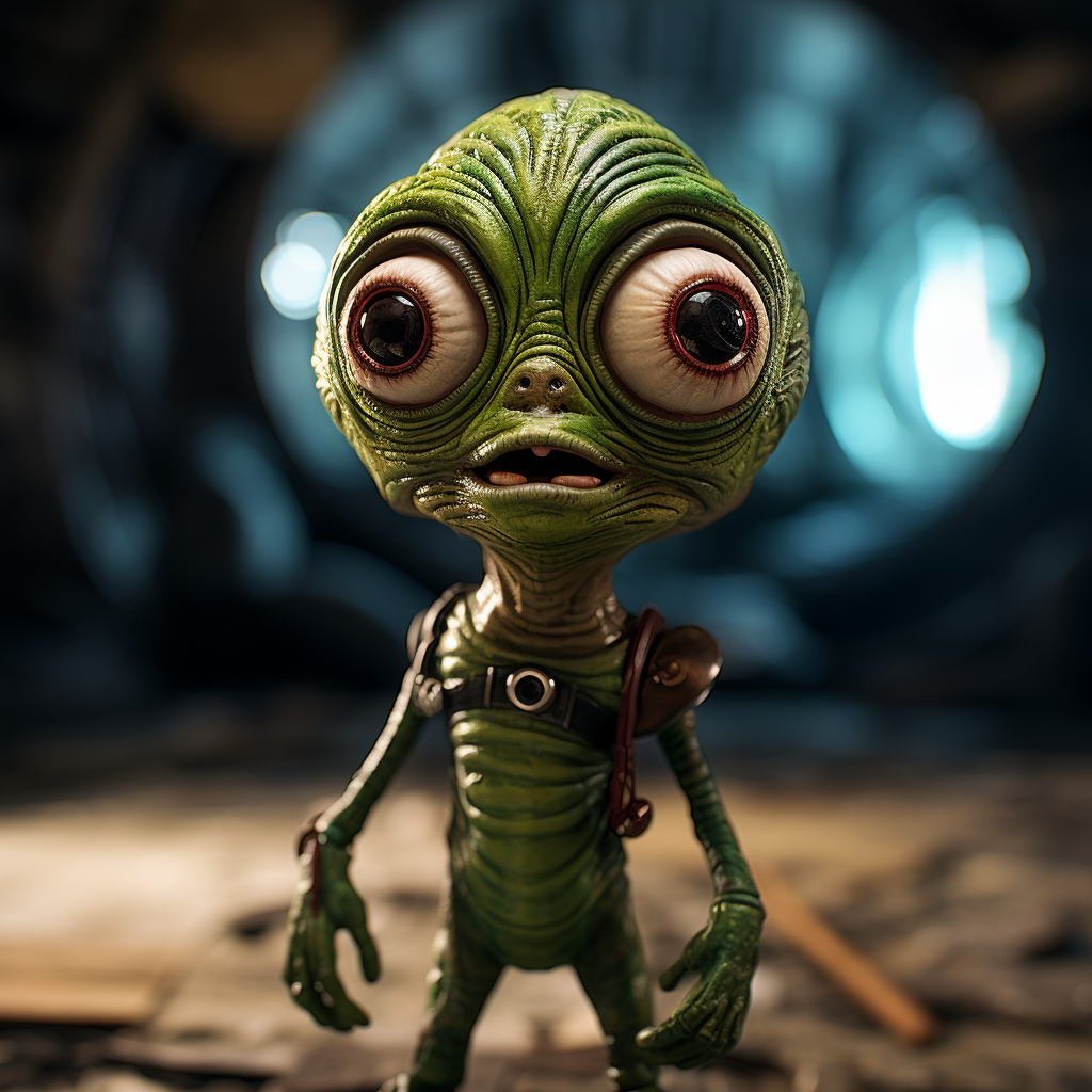 Green alien with big eyes in space