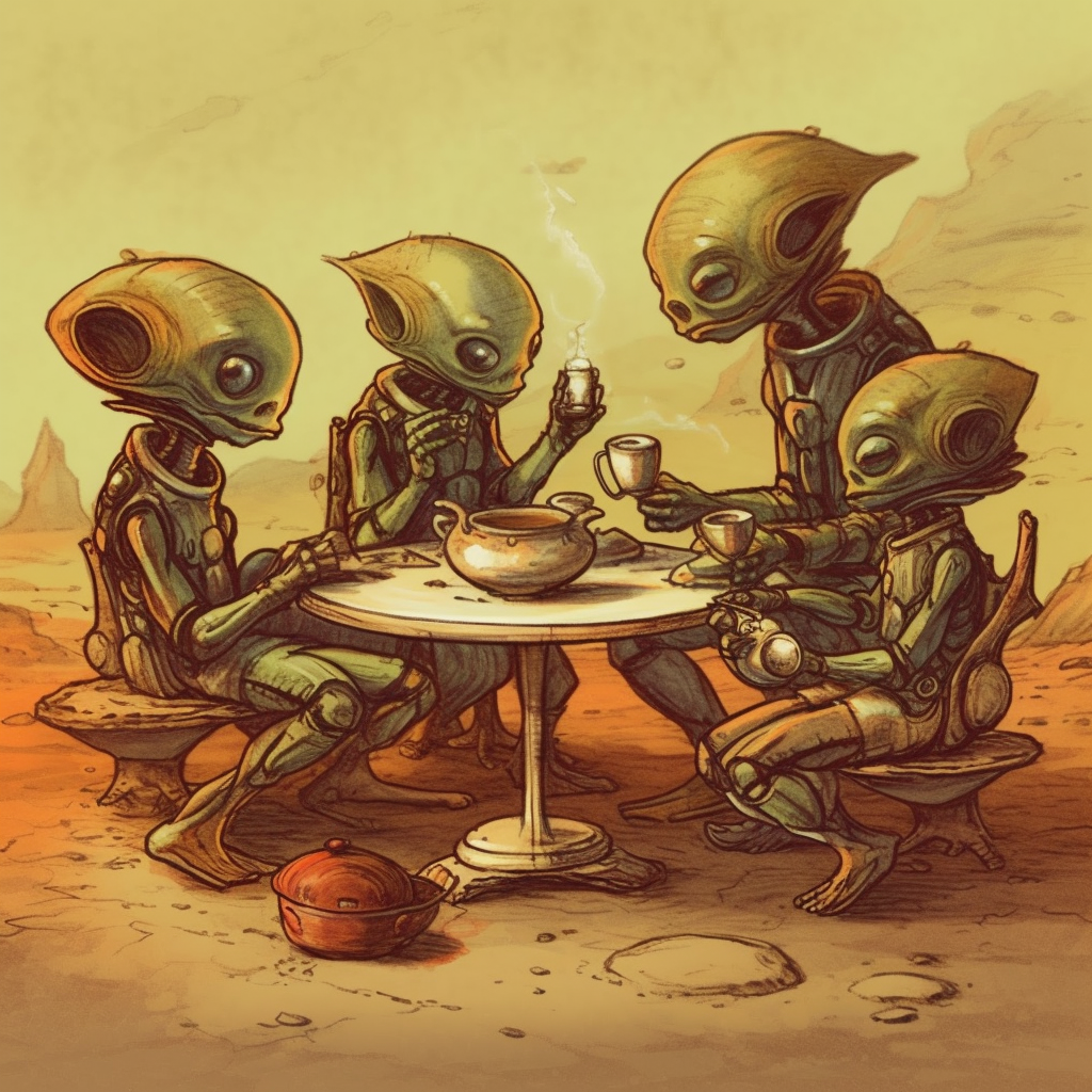 Alien family enjoying tea on Mars