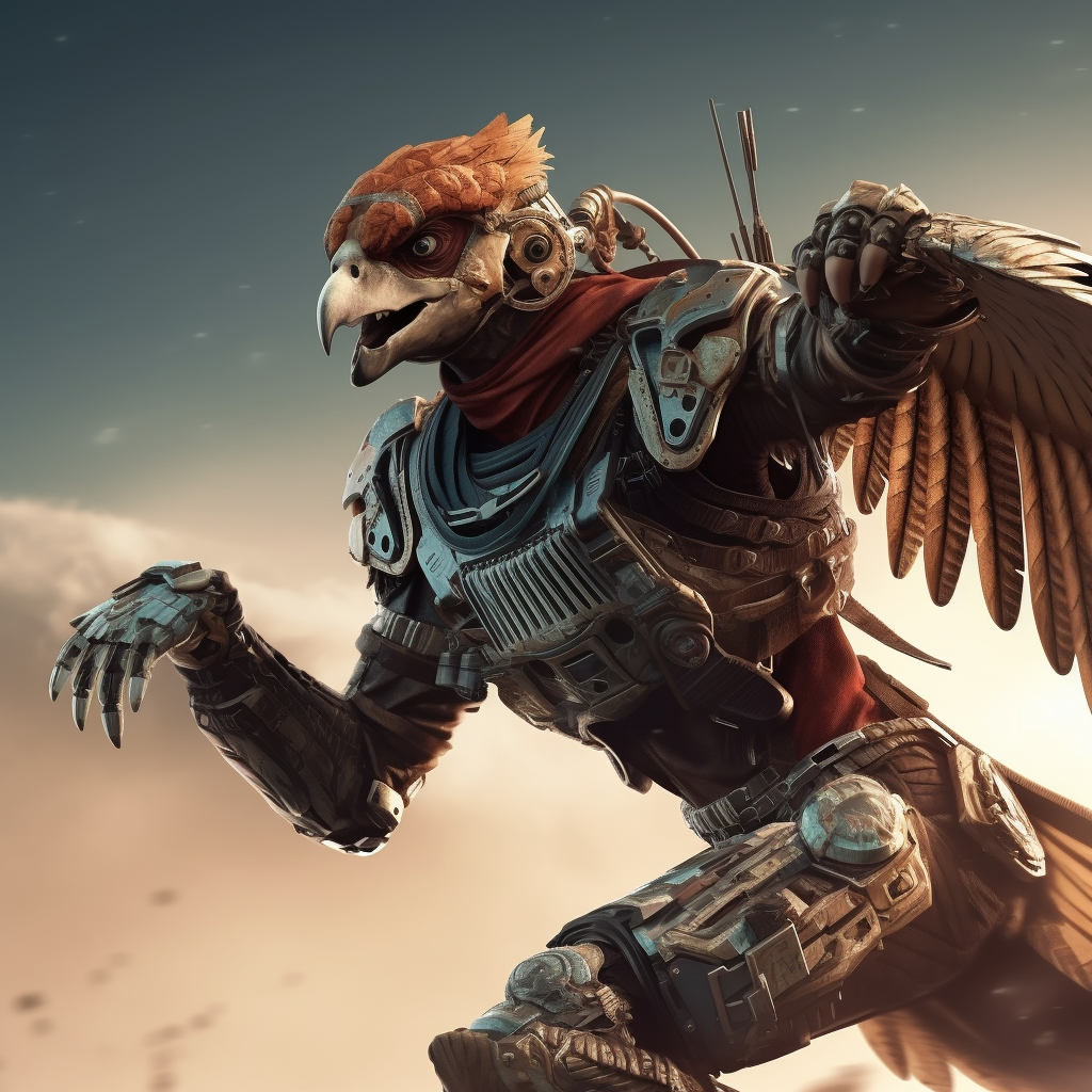 Anthropomorphic alien hawk in sci-fi armor with energy pistol