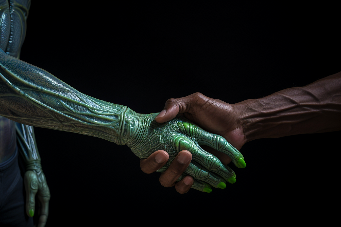 Alien and human shaking hands