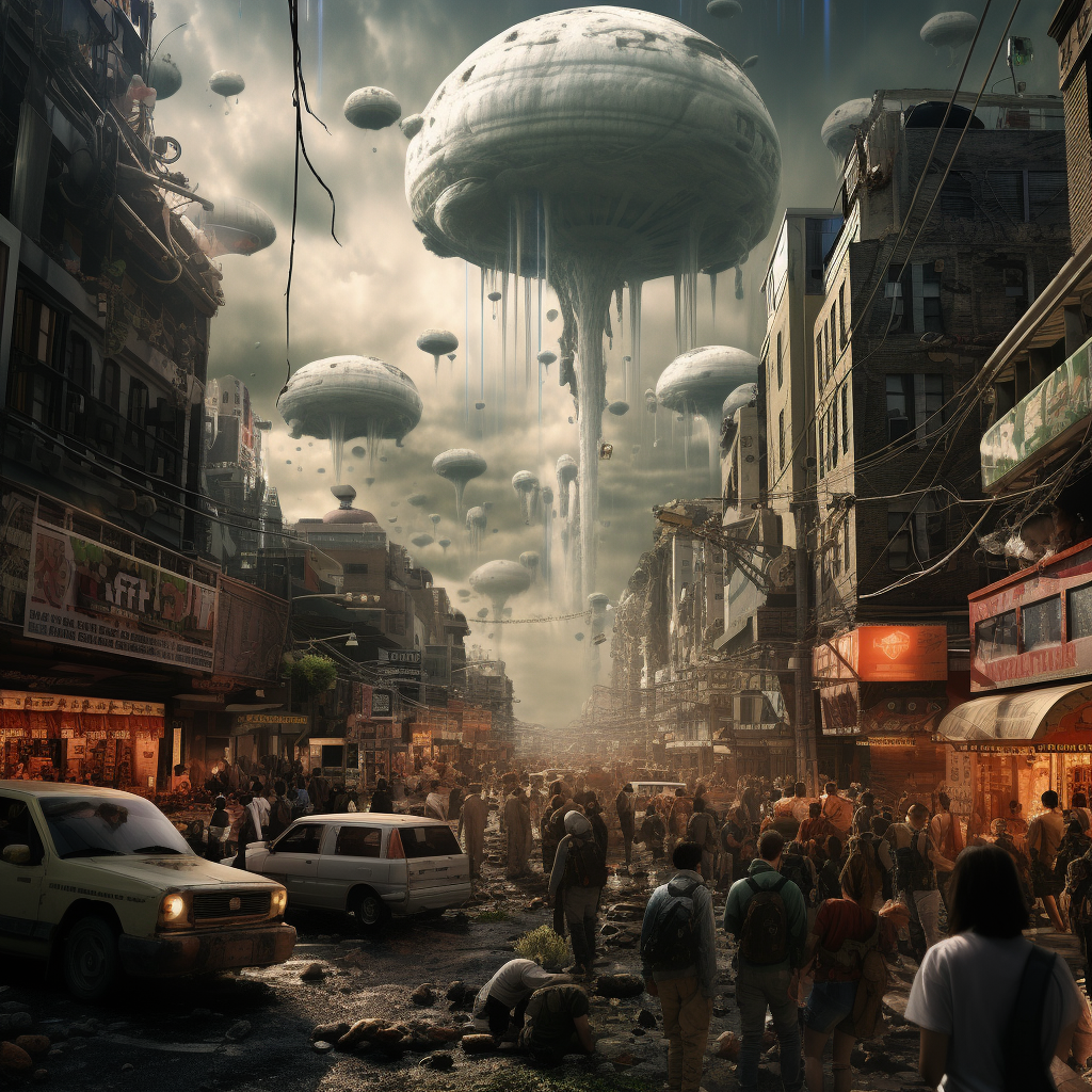 Hyperrealistic alien invasion streetscape image