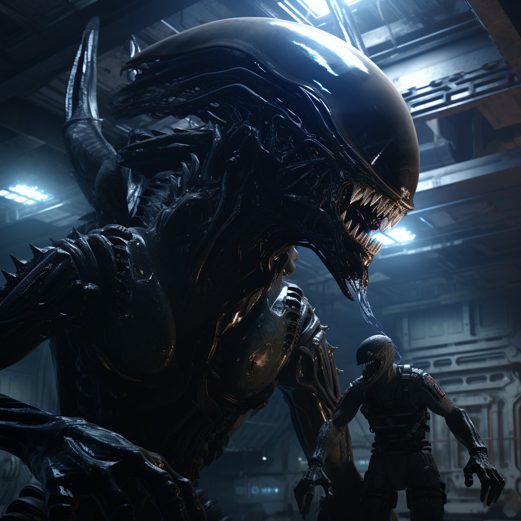 Xenomorph standing behind roughneck on space freighter