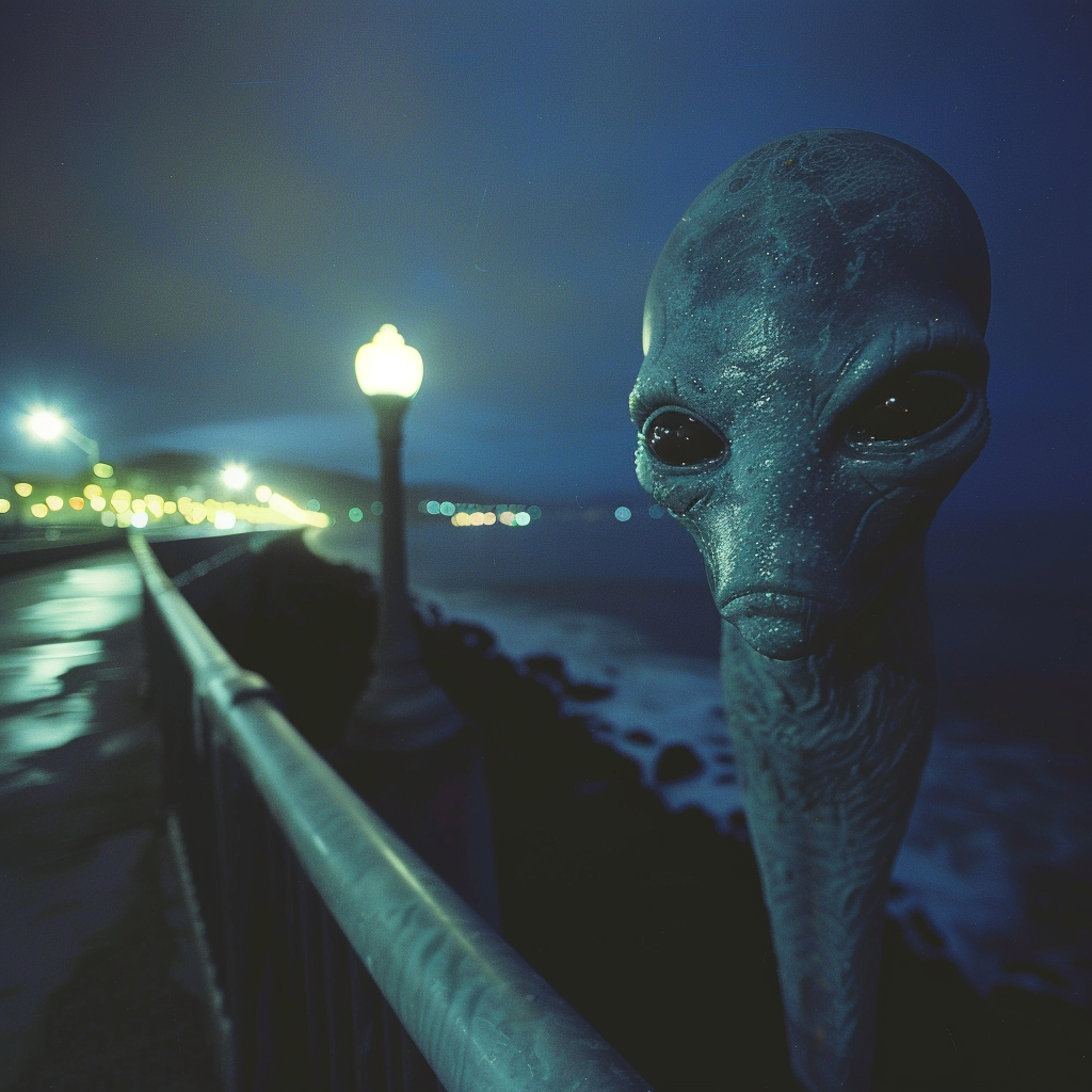 Alien mermaid on pier at night