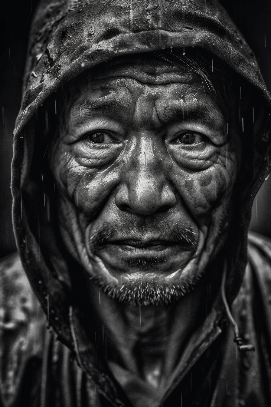 Alien monk in rain with droplets