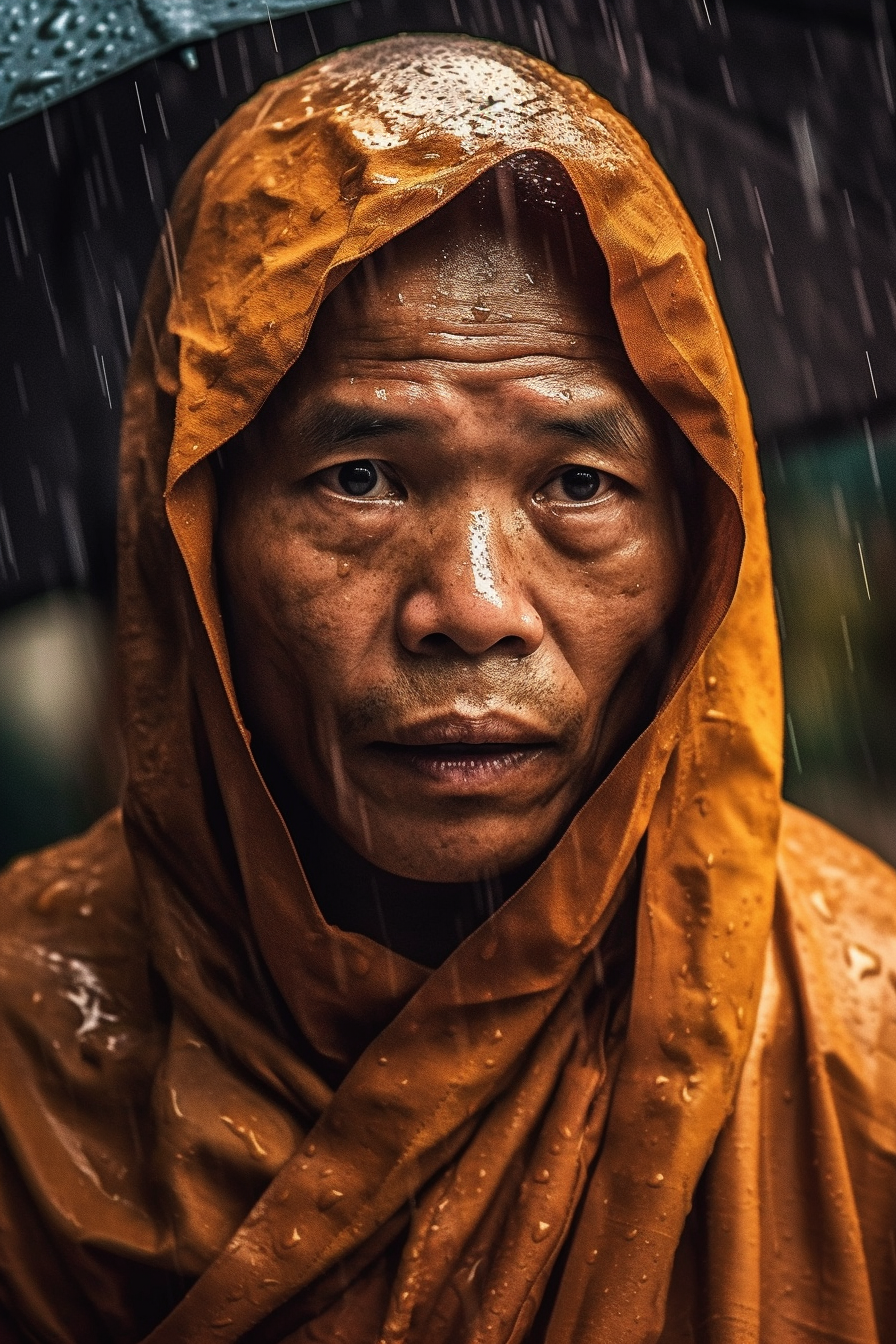 Alien Monk with Tattoos in Rain