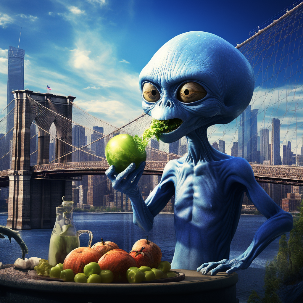 Alien with Mushroom Head Eating Apple on Spaceship Bridge