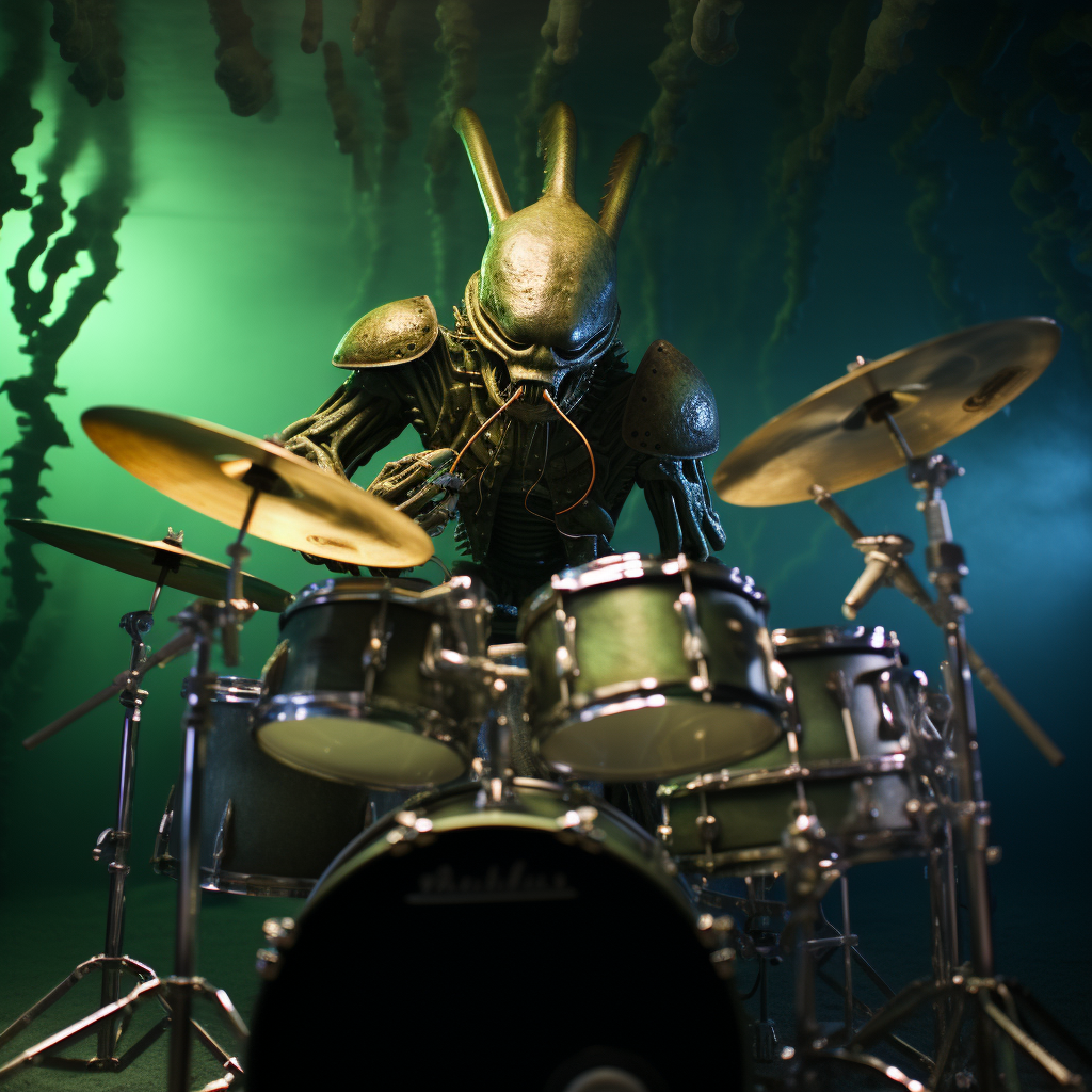 Alien playing drum set underwater