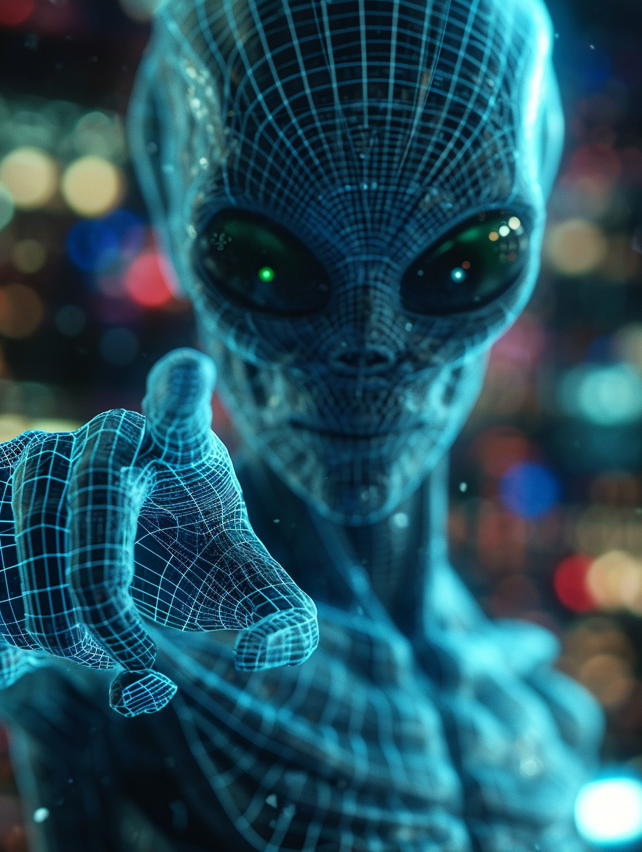 Alien pointing hologram wireframe photo realistic