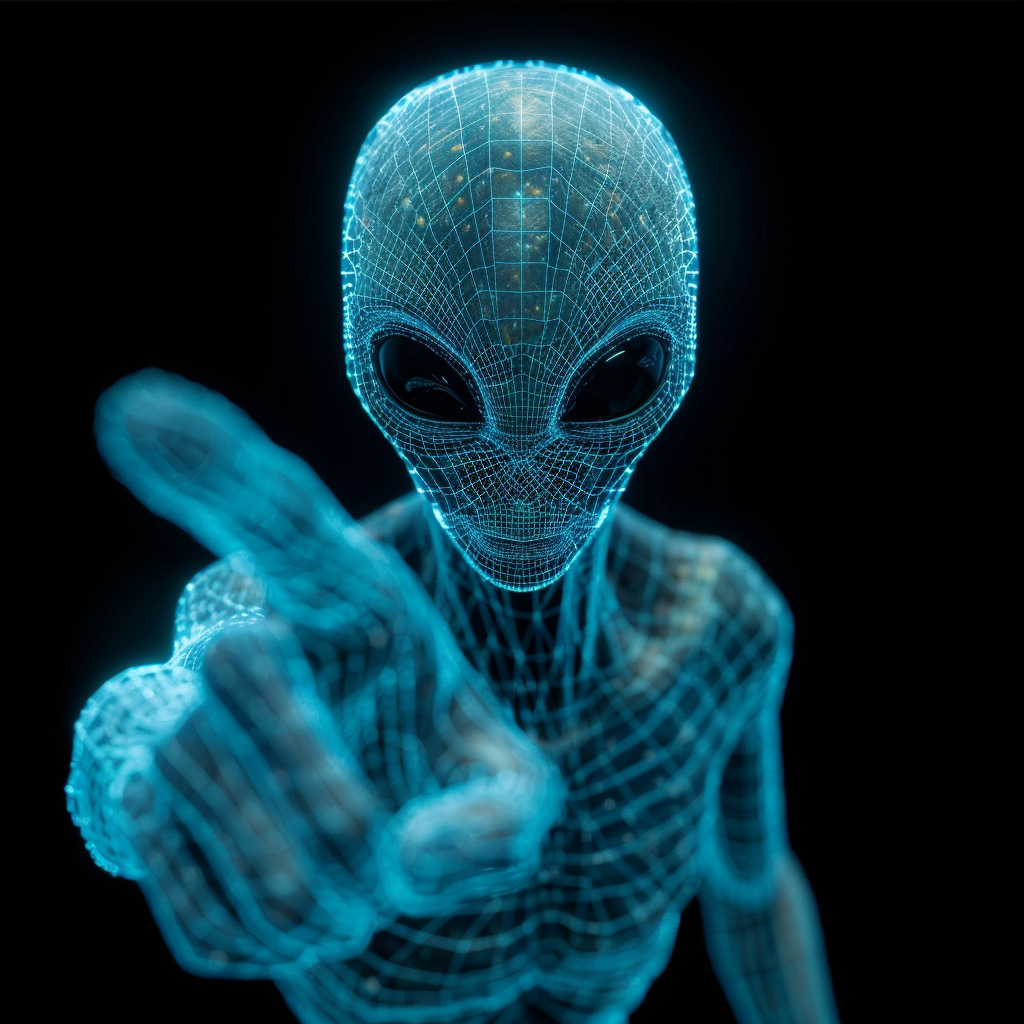 Alien pointing wireframe hologram photo