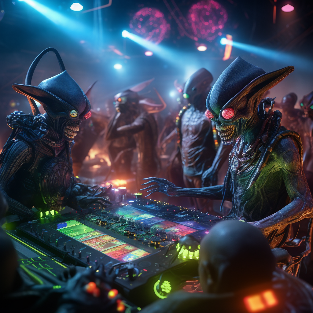 Cute aliens DJing at a rave party