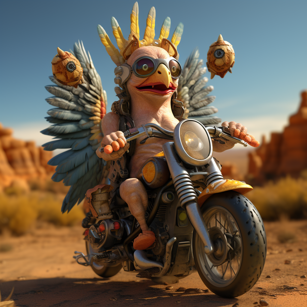 Alien riding Thanksgiving turkey motorcycle