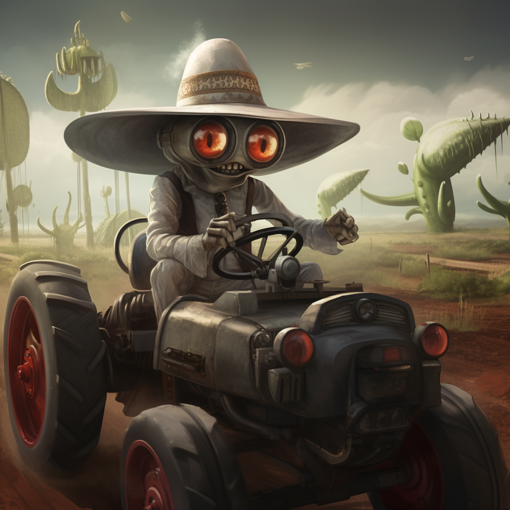 Funny gray alien in sombrero driving tractor