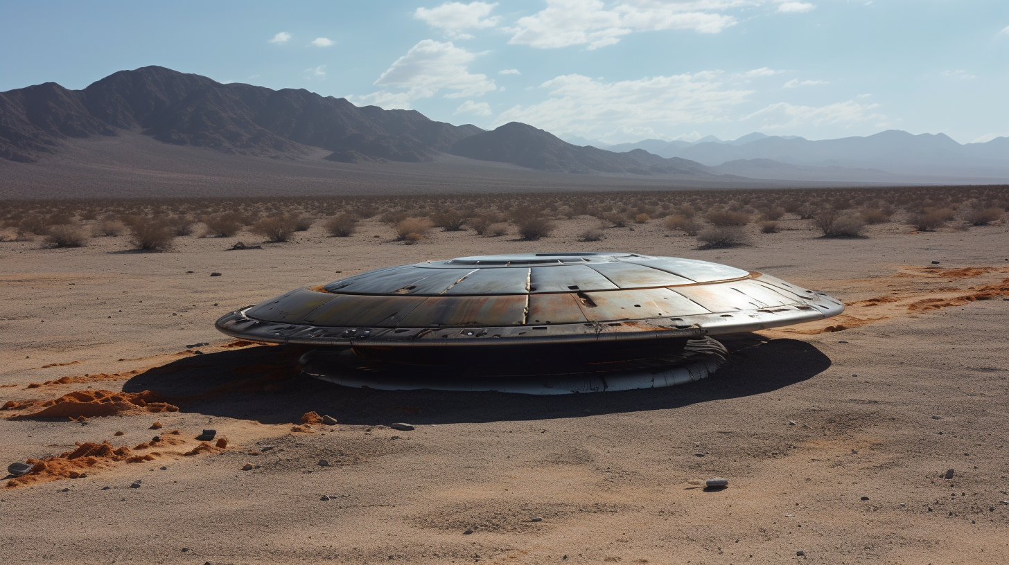 Hyper-realistic image of alien spacecraft in desert