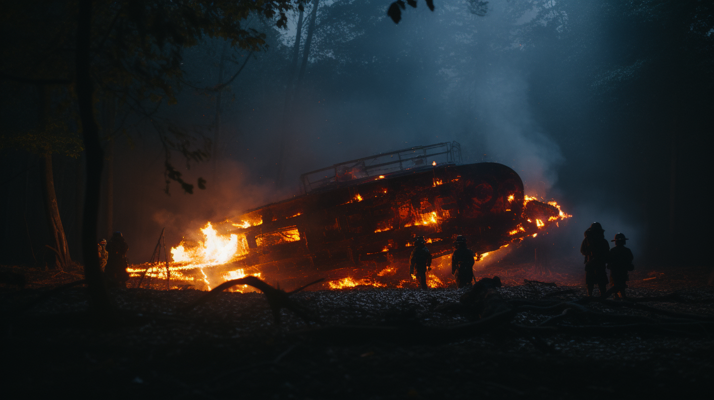 Alien spaceship crashed in woods, flames burning