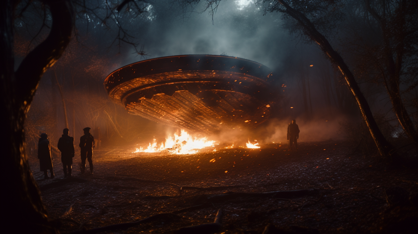 Alien spaceship crashed in woods with flames burning