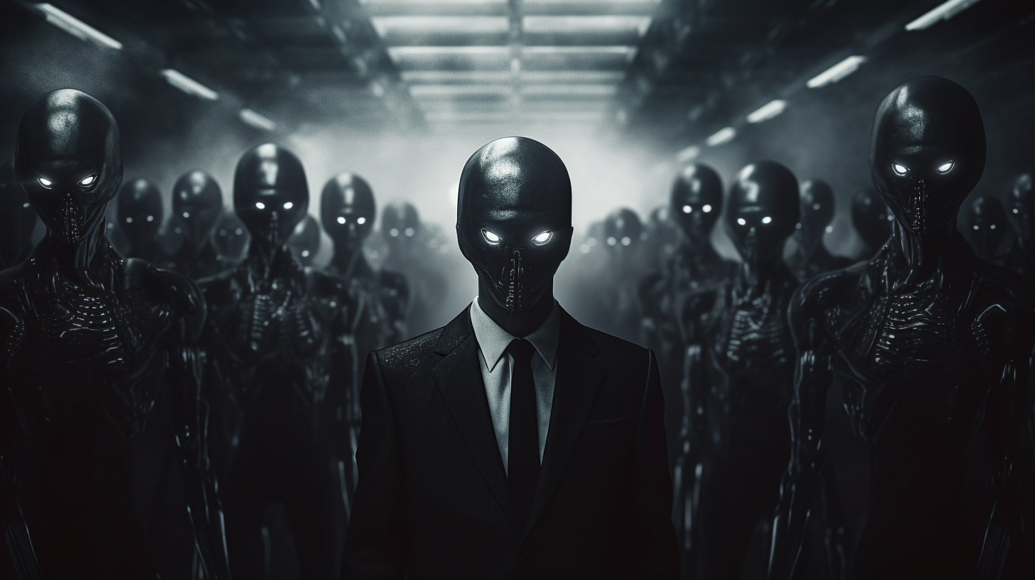 Group of aliens in suits in a dystopian cyberpunk setting