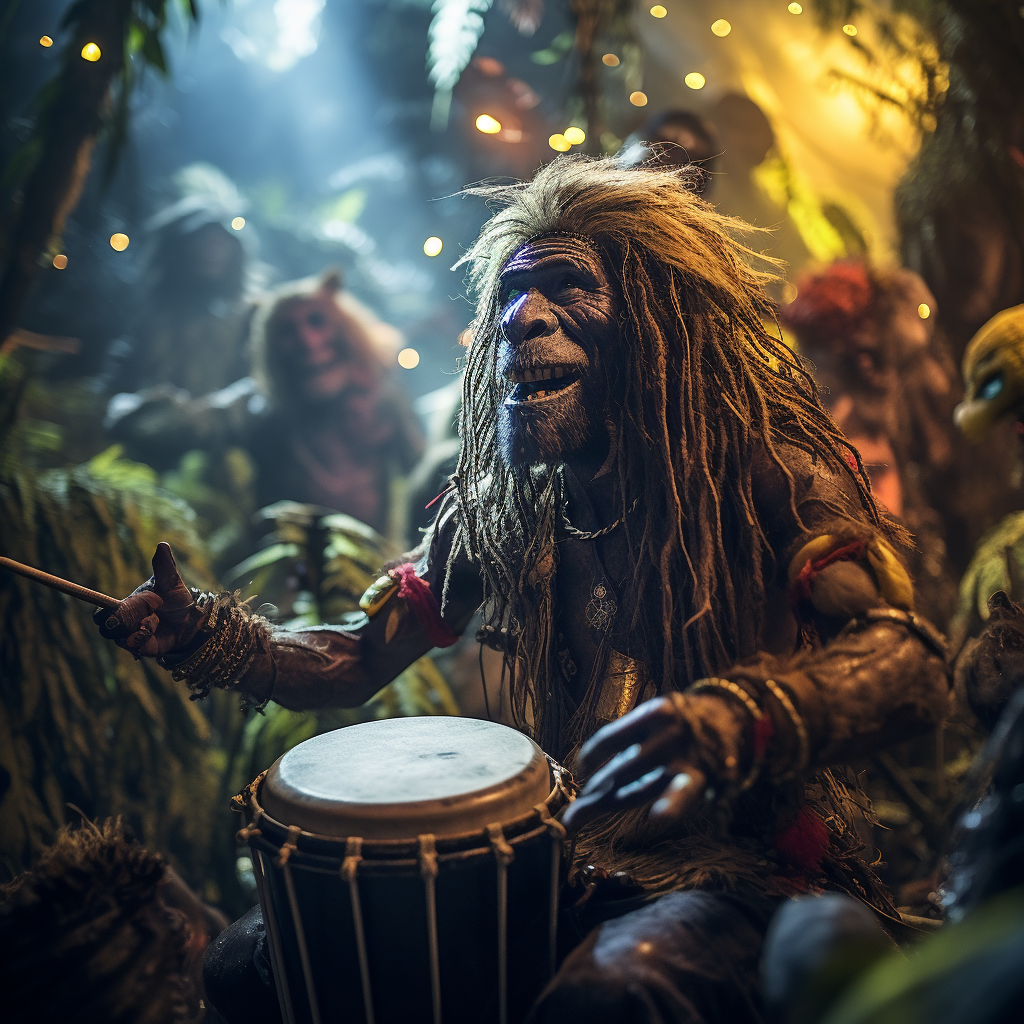 Colorful Alien Tribe Playing Konga Drums