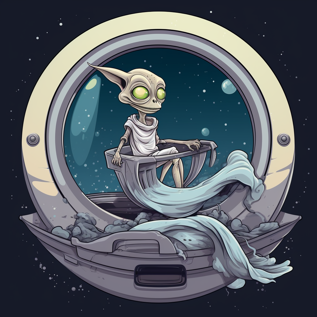 Gray alien riding a washing machine-shaped UFO