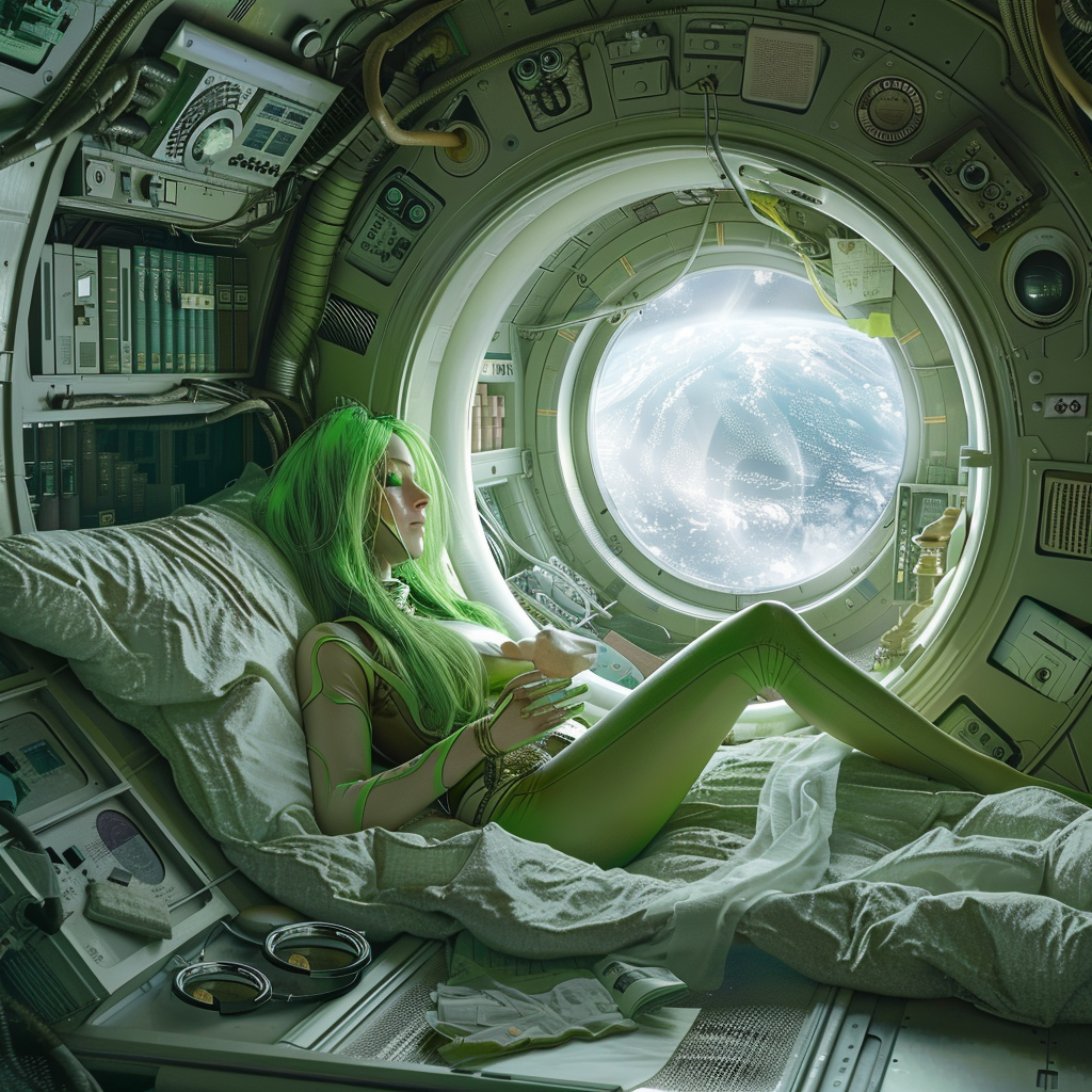 Green-haired alien in spaceship