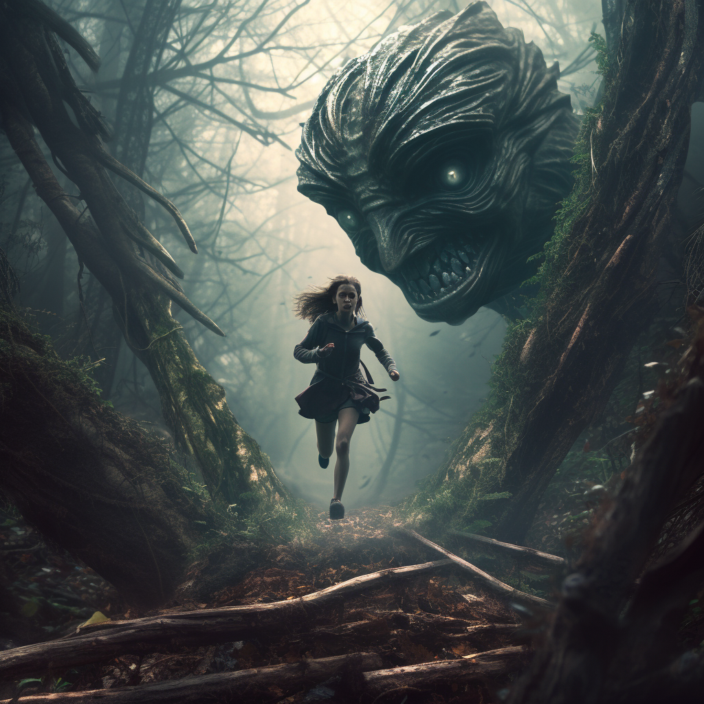 Alien woman running in forest