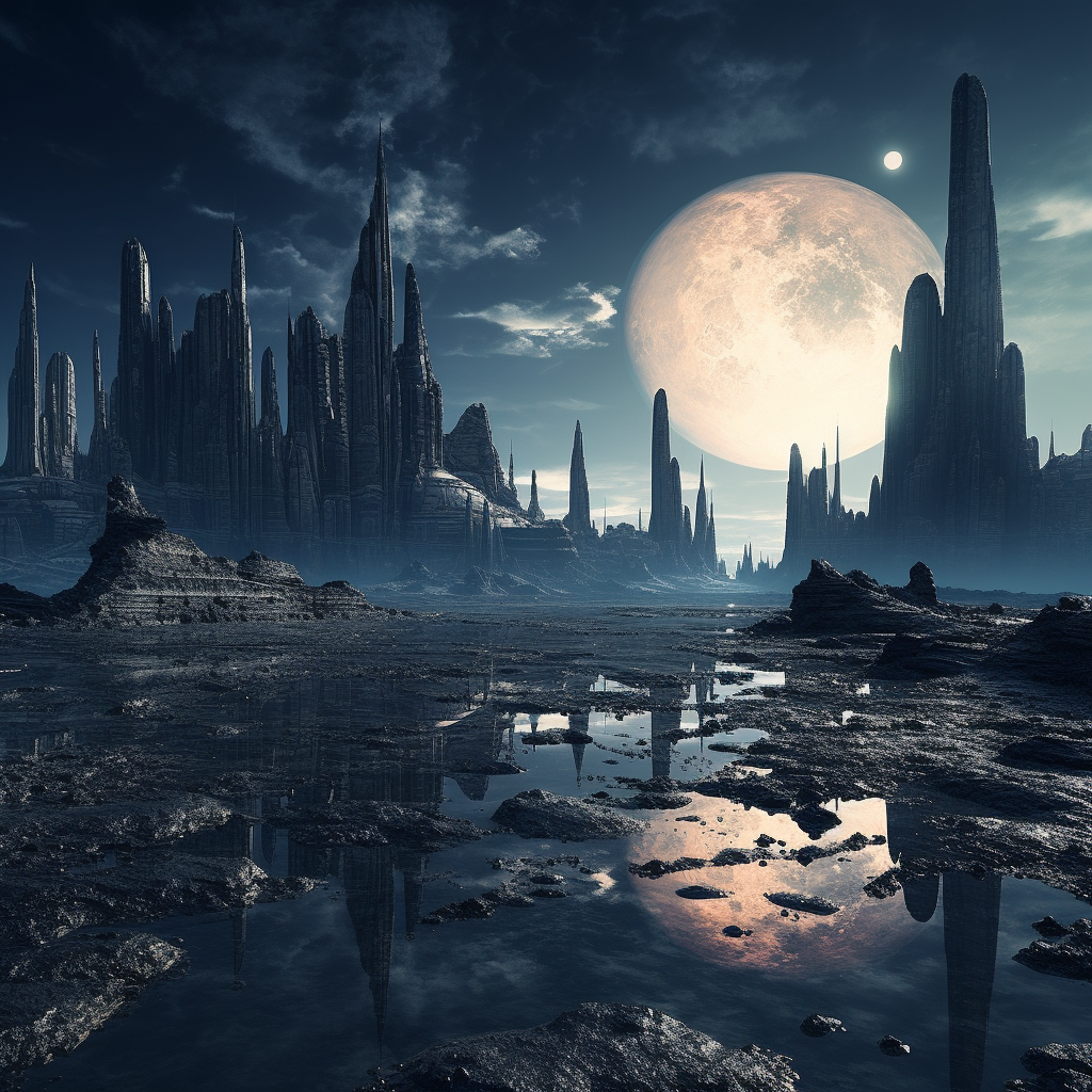 Alien world landscape with advanced civilization buildings