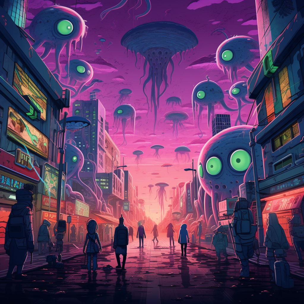 Colorful anime-like alien city with business aliens