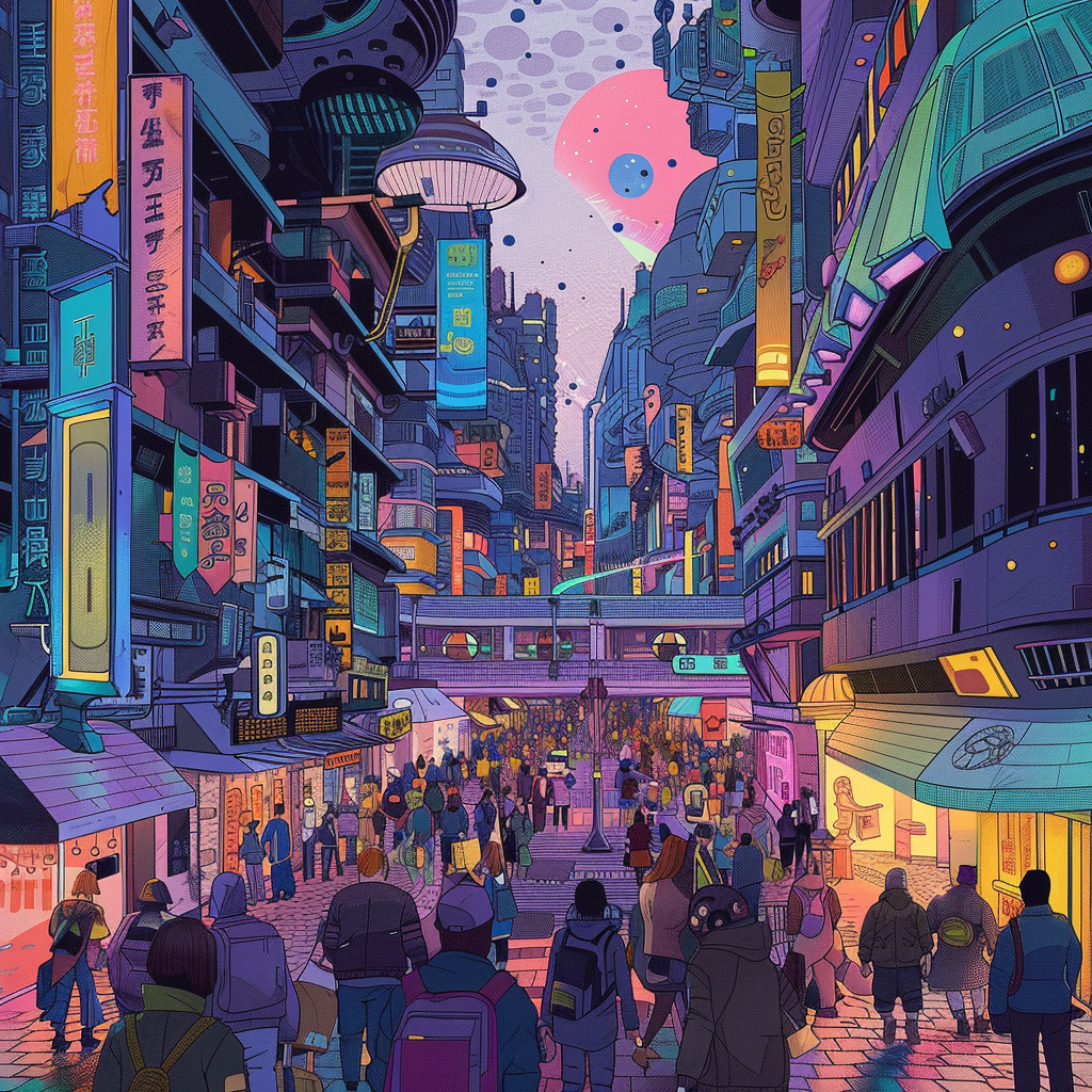 Image of crowded alien cyberpunk street