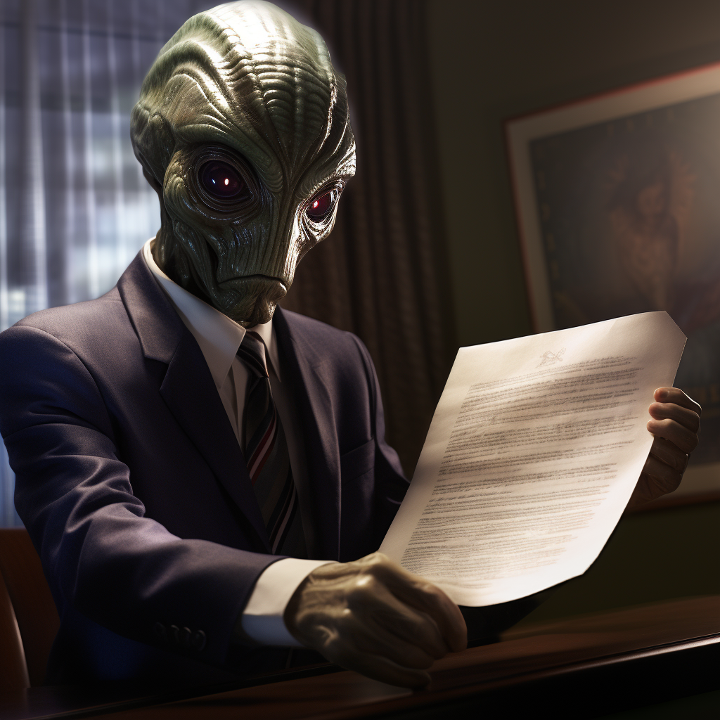 Photorealistic alien handing document to US official