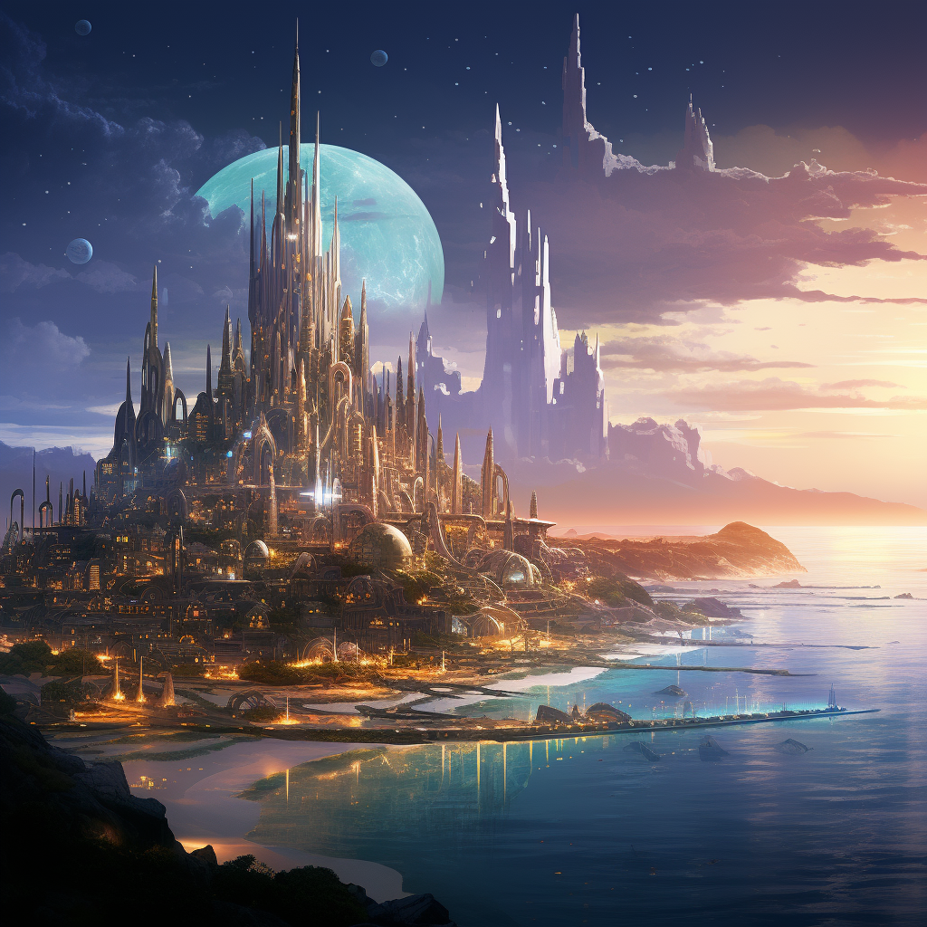 Vibrant Alien Seaside City with Futuristic Architecture