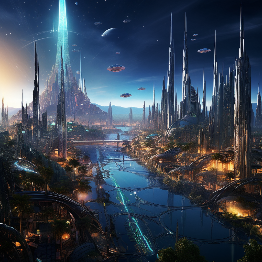 Vibrant alien cityscape by the mesmerizing seaside