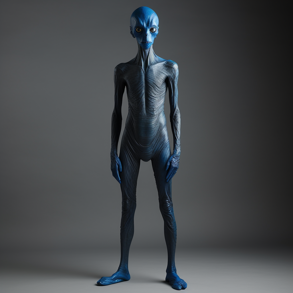 Tall skinny alien model with big blue eyes