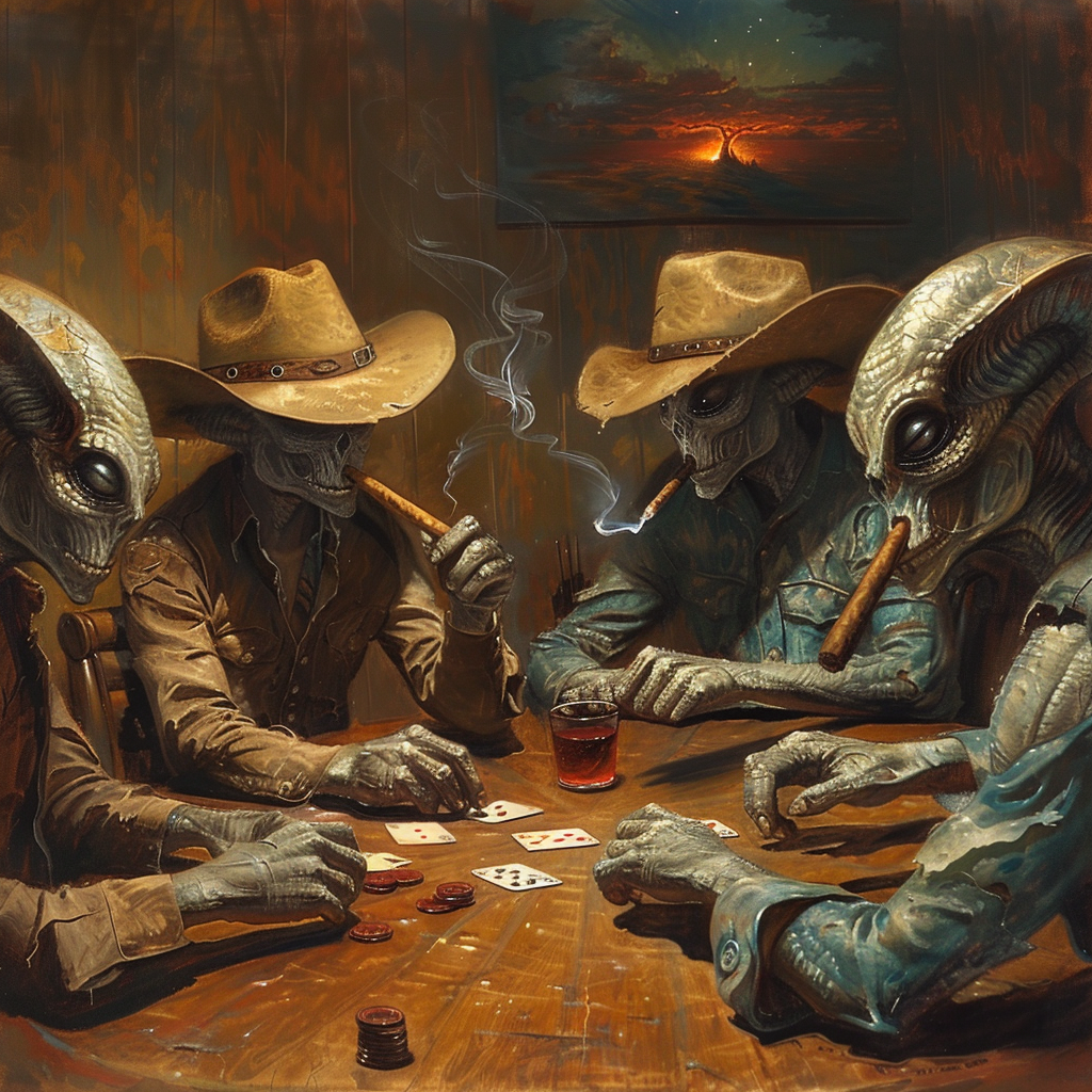 Aliens playing poker cowboy hats