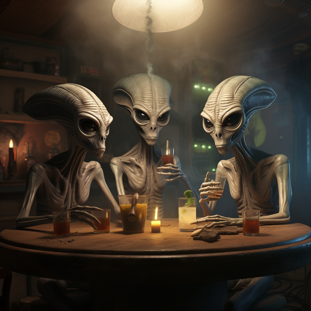 Aliens enjoying a drink at the bar