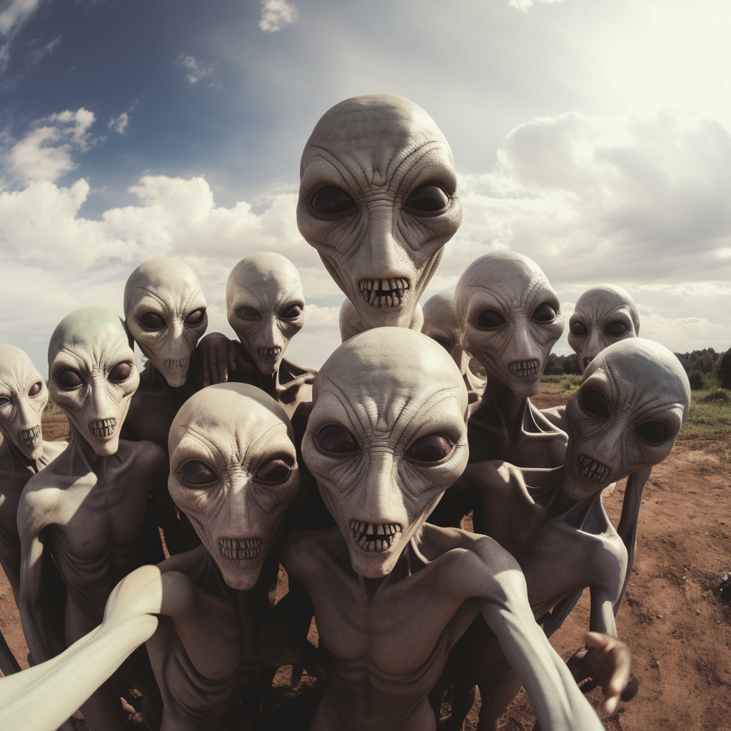 Group of aliens taking a selfie on Earth