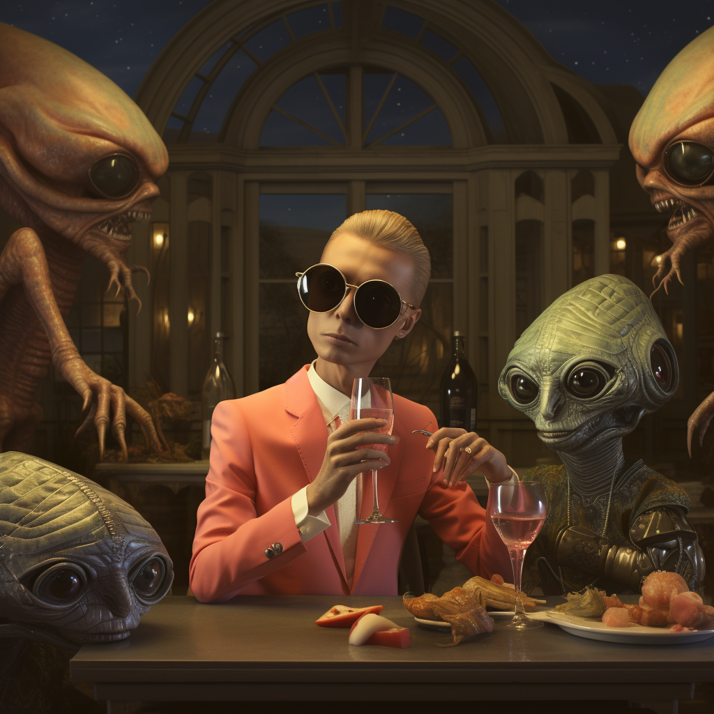 Stylish man enjoying wine with aliens