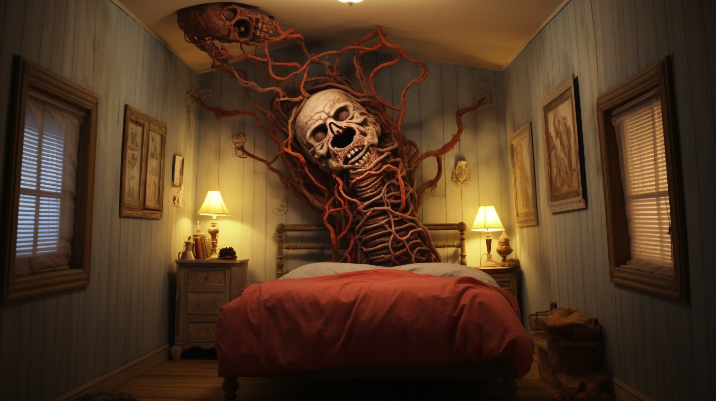 Image of alive human body inside bedroom