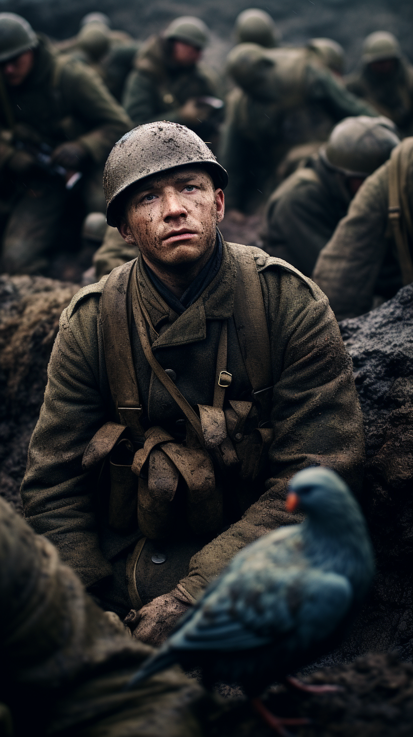 Soldiers in Trench with Pigeon