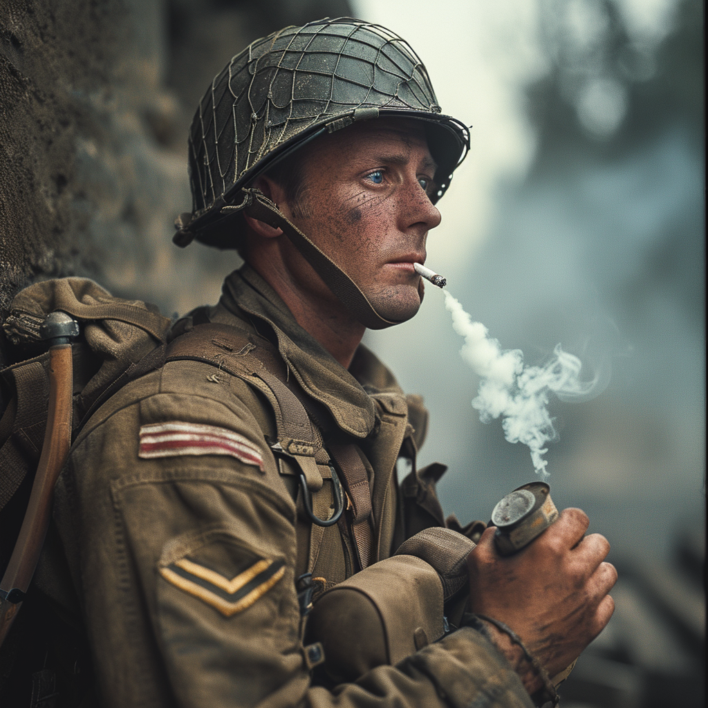 Allied Soldier Smoking Cigarette in WWII