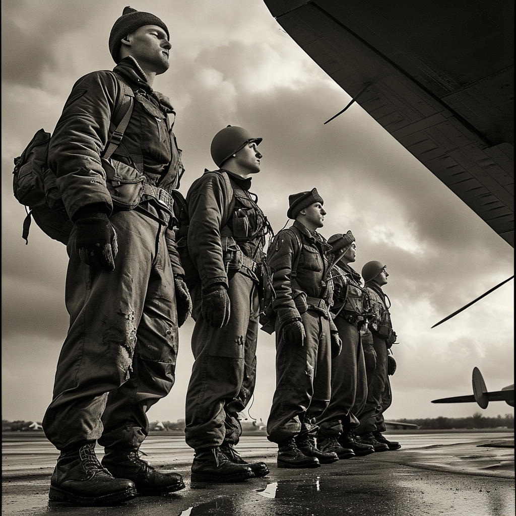 Allied soldiers standing on airfield in WWII