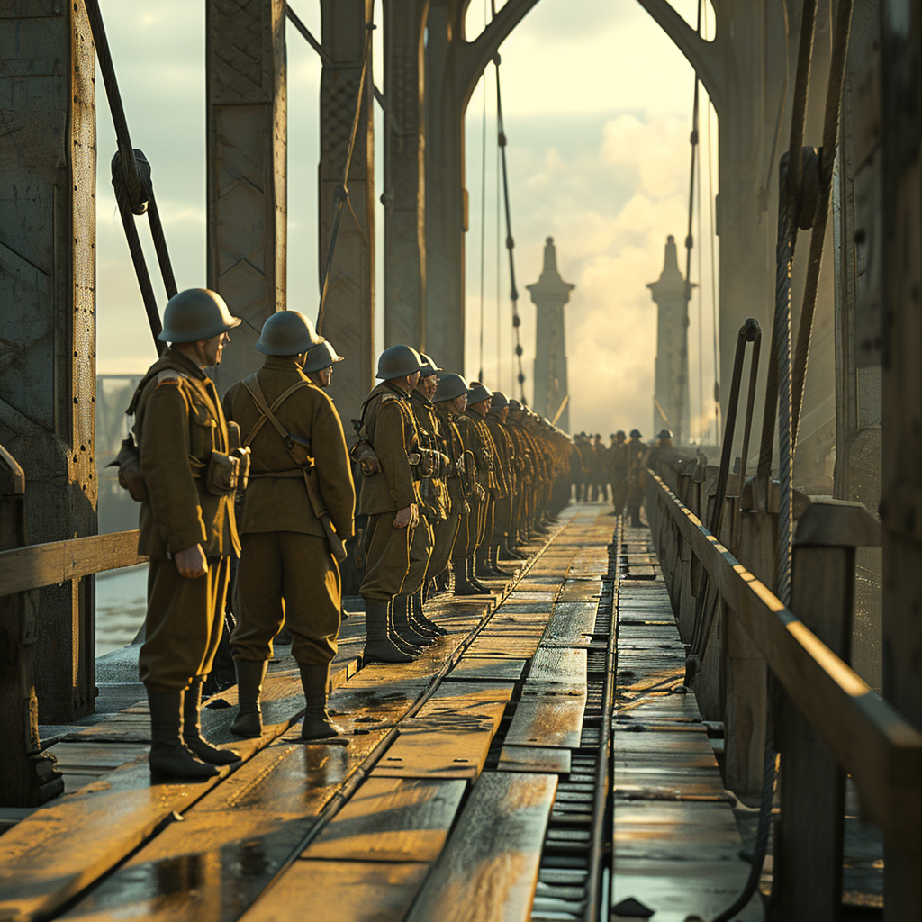 Photorealistic image of Allied soldiers on a bridge