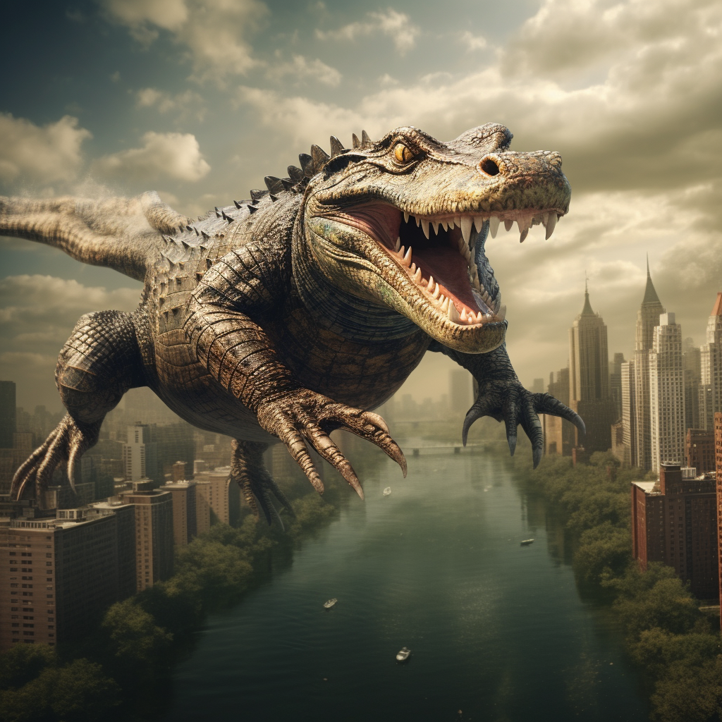 Alligator flying over New York skyline