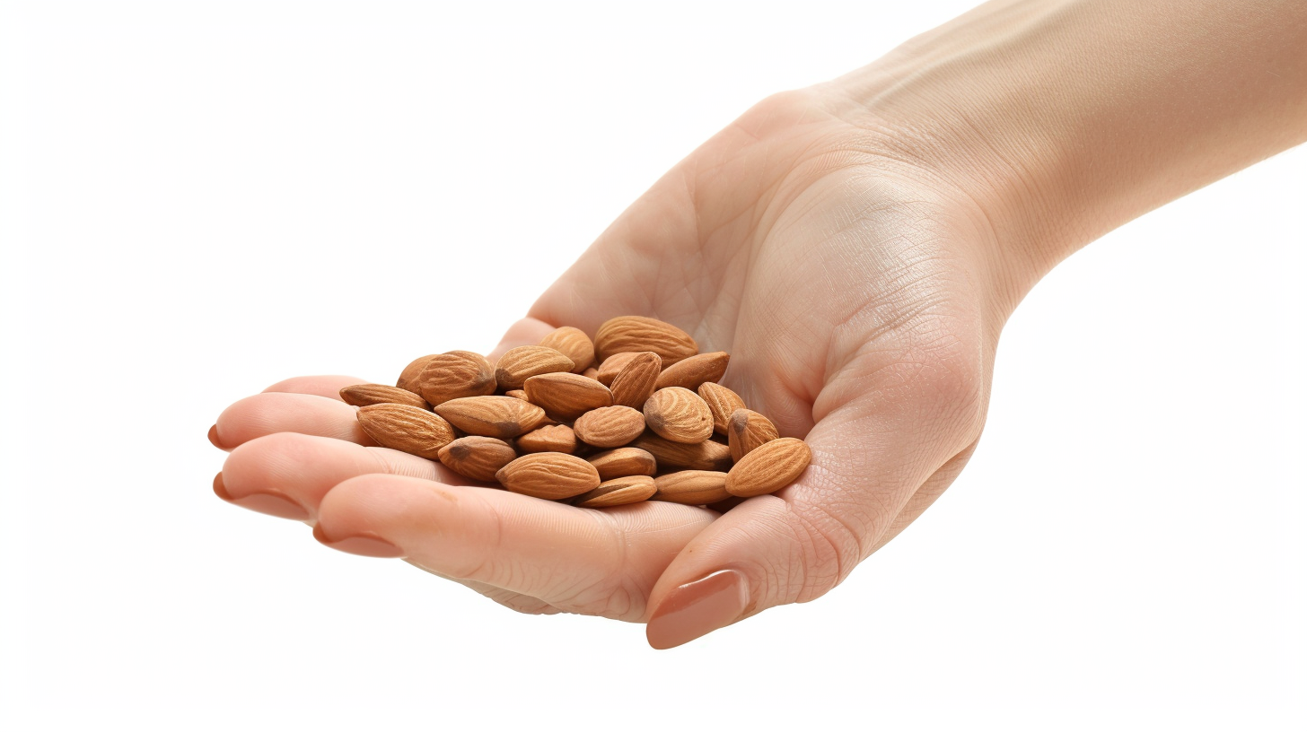 Female hand holding almonds