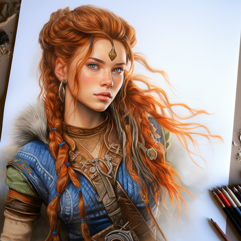 Photorealistic drawing of Aloy from Horizon Zero Dawn