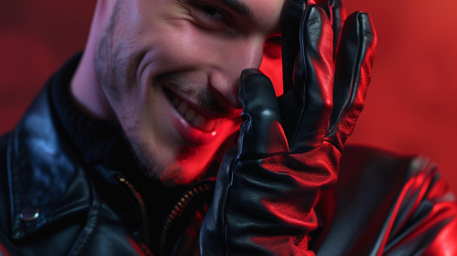 man wearing black leather gloves