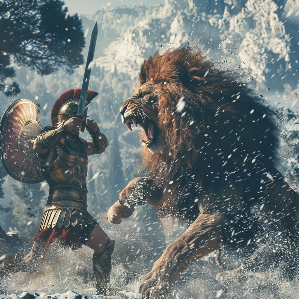 Spartan warrior fights lion snow mountains