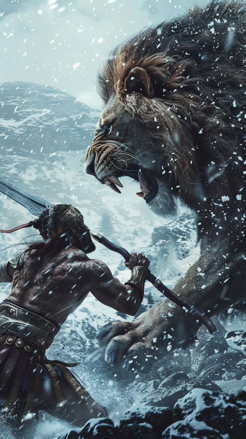 Spartan warrior fighting lion snowy mountain